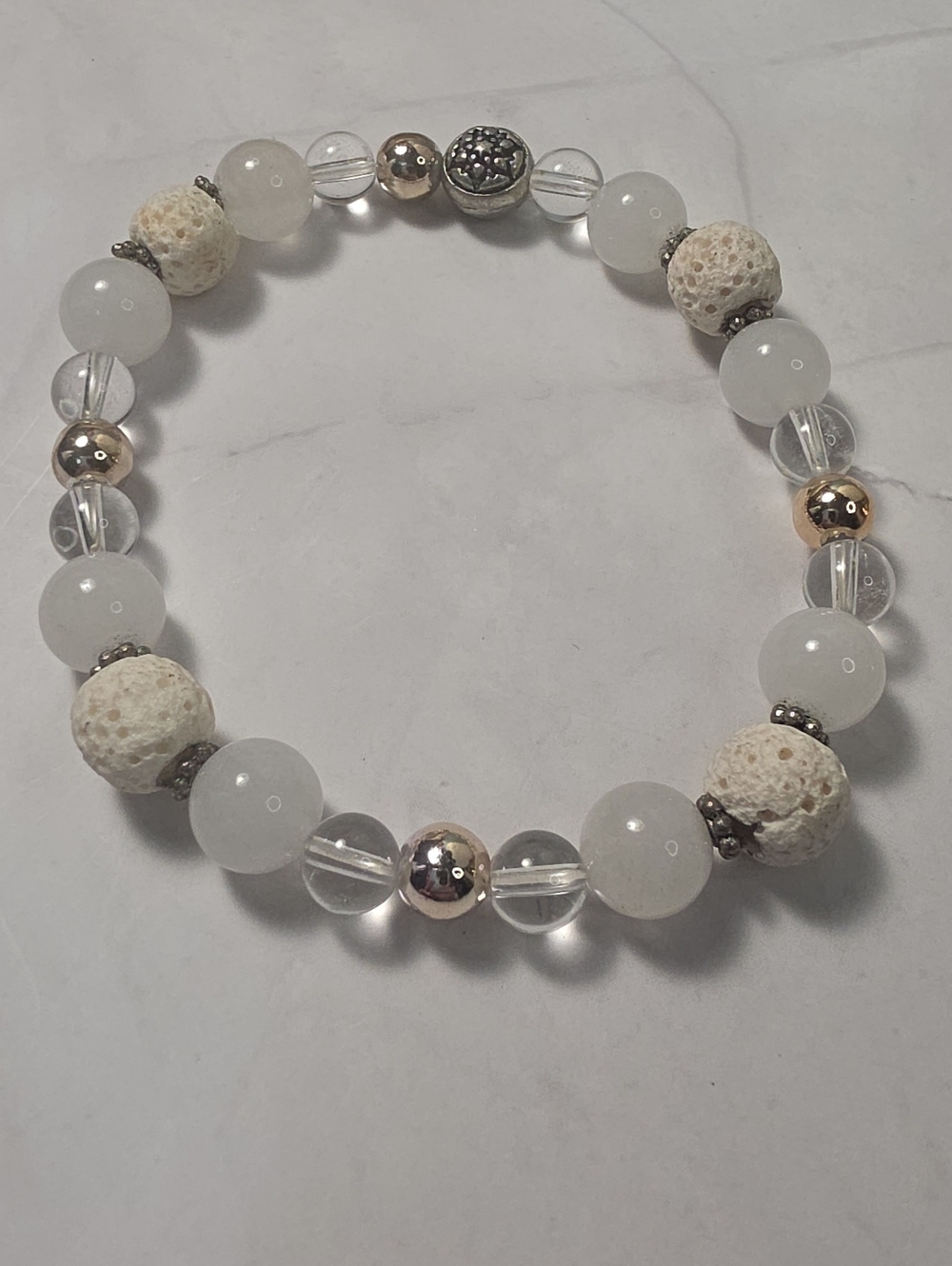 White Beaded Stretch Bracelet with Silver Accent Beads